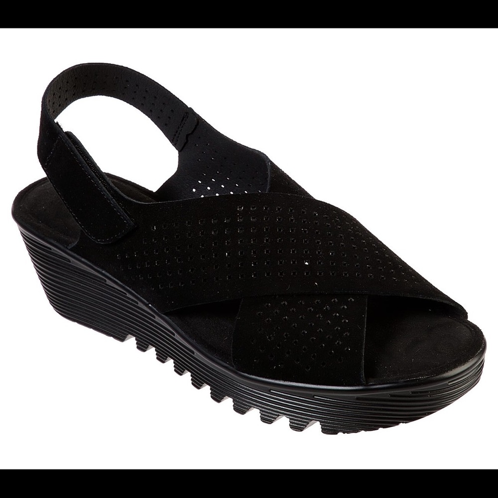 Sketchers Parallel Plot Chile Black Suede Leather Laser Cut Chunky Wedge Heel